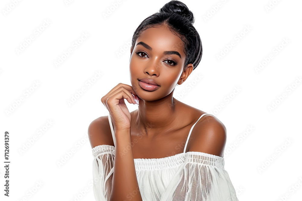 Studio portrait of a beautiful African American woman with clean healthy skin isolated on transparent png background. Studio portrait of a beautiful African American woman with clean healthy skin isolated on transparent png background.