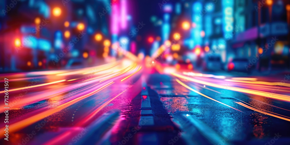A blurry image of a city street at night