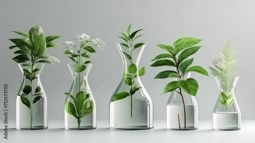Assorted clear vases with green plants. Great for home decor, eco-friendly living, and interior design articles Assorted clear vases with green plants. Great for home decor, eco-friendly living, and interior design articles
