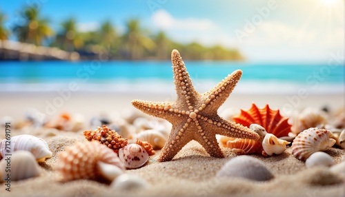 Starfish and seashells on seashore - beach holiday background
