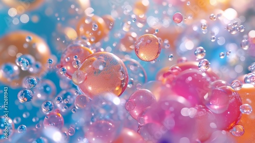 Bubbles merge and become nutritious serum. Many elements of a macro shot come together to form a serum. Drop 3D rendering. Illustrations for Metaball that feature morphing liquid blobs. 