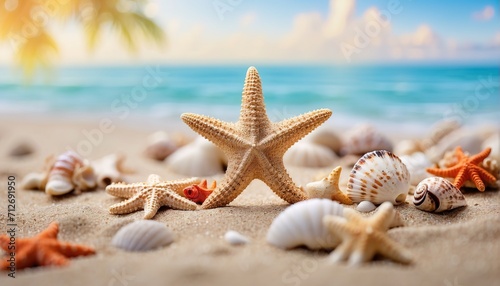 Starfish and seashells on seashore - beach holiday background