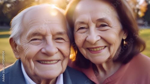 generate AI old couple smiling happily in a beautiful light moment, concept of being together forever photo