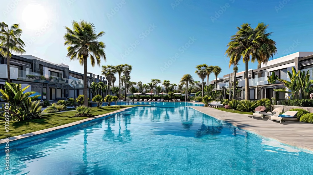 Tranquil resort pool with palm trees and ocean view, epitomizing luxury travel or relaxation themes