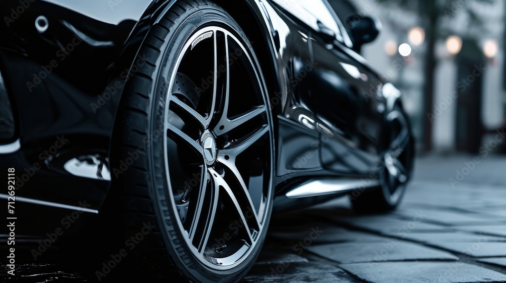 Close up car alloy wheel. side black car background     