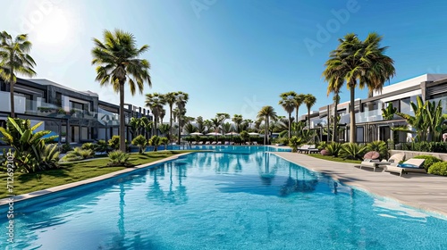 Tranquil resort pool with palm trees and ocean view  epitomizing luxury travel or relaxation themes