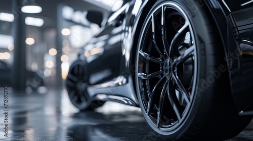 Close up car alloy wheel. side black car background      photo