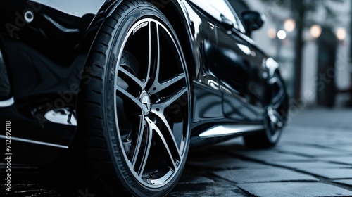 Close up car alloy wheel. side black car background 
