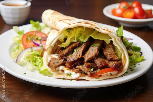 Turkish kebab doner, lamb and salad with lettuce, tomatoes in a wrap