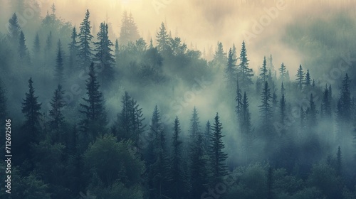 Serene Forest With Dense Fog Shrouding Tall