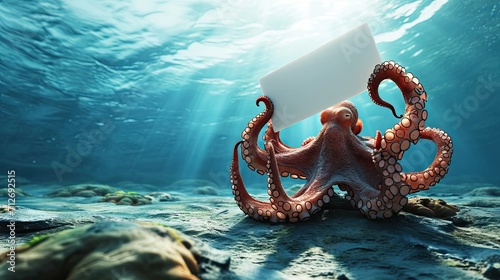Cute pink octopus 3d cartoon with blank sign in his tentacles underwater photo