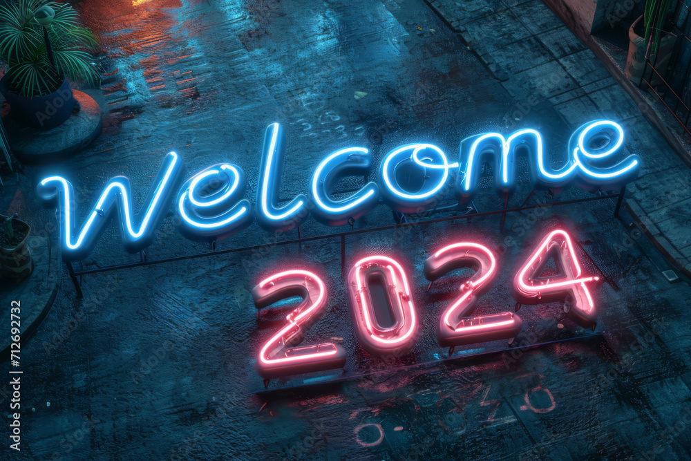 „Willkommen 2024“ in Neonröhre „Willkommen 2024“ in Neonröhre