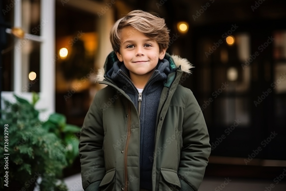 Portrait of a cute little boy in winter coat looking at camera