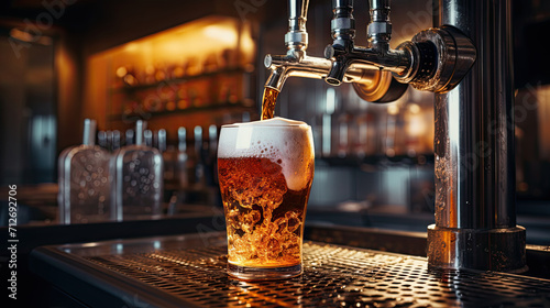 Beer from row of taps filling glass against bar background, mug beer with foam photo
