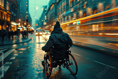 A man in a wheelchair in the middle of the street