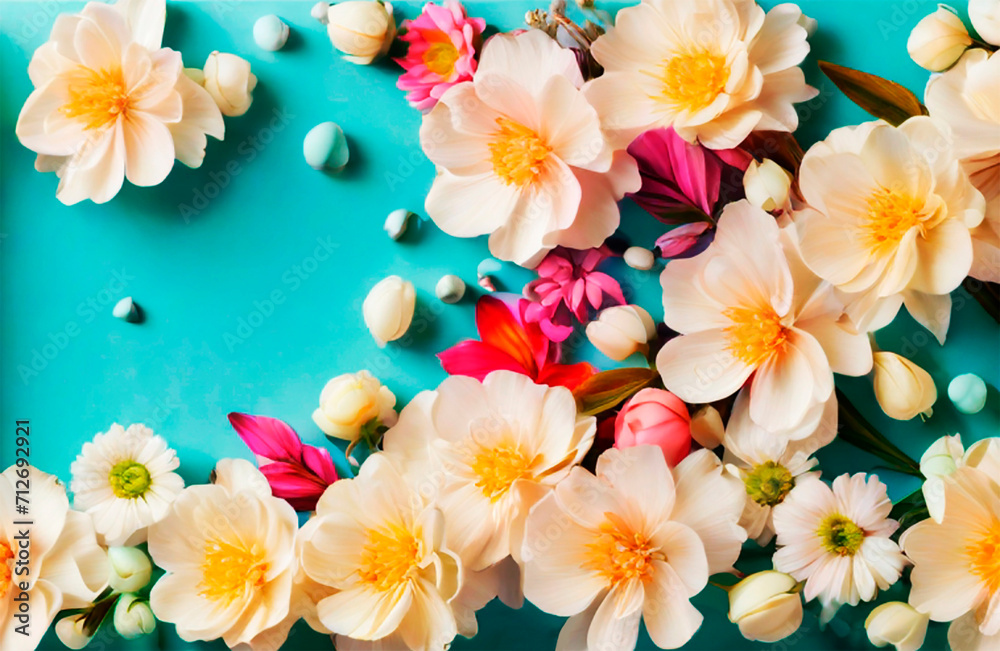 Spring flowers om blue background Spring flowers om blue background