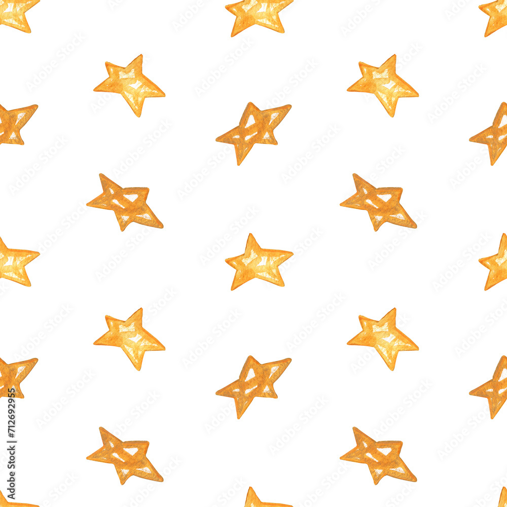 Watercolor gold stars hand drawn seamless pattern
