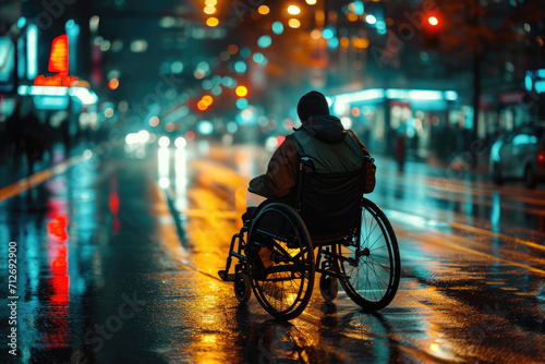 A man in a wheelchair in the middle of the street