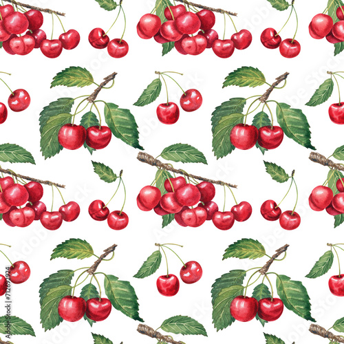 Watercolor cherry seamless pattern hand drawn illustration