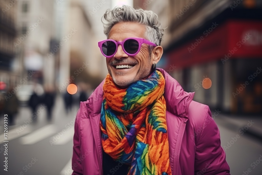 Portrait of a handsome middle-aged man wearing sunglasses and a colorful scarf