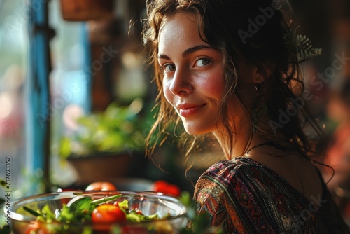 Portrait of a young beautiful girl with a bowl of salad