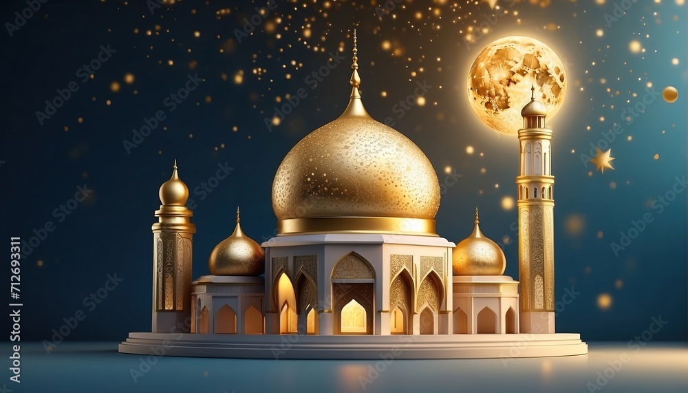 3D illustration of a mosque with golden moon and stars ornament