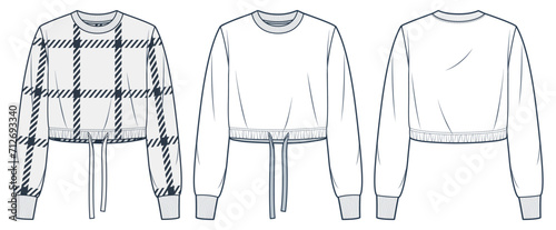 Sweatshirt technical fashion illustration, check pattern. Drawstring Sweatshirt fashion technical drawing template, relaxed fit, cropped, front, back view, white, women, men, unisex CAD mockup set.