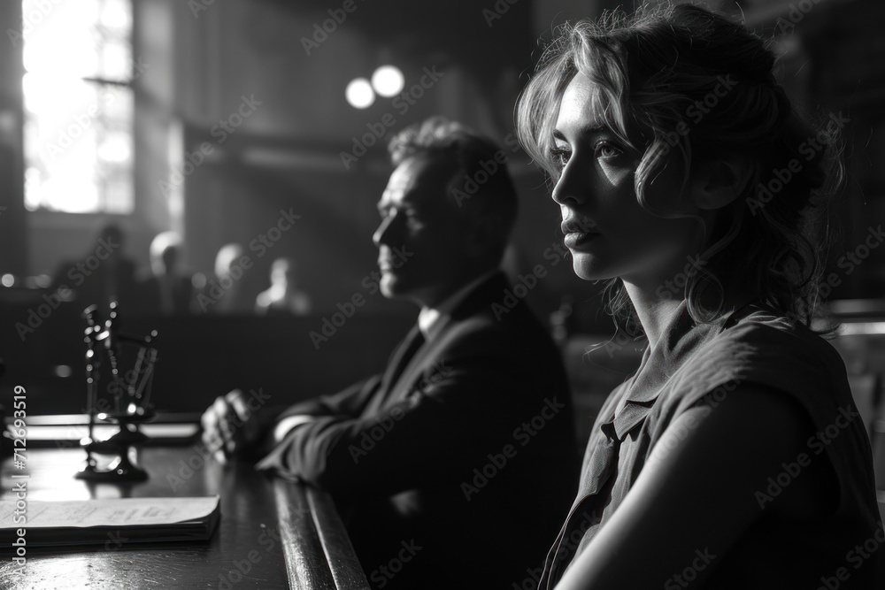 Black and white image of a man and a woman in court