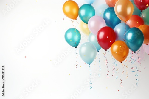 Colorful balloons confetti ribbon with anniversary and birthday festive decoration on white Background