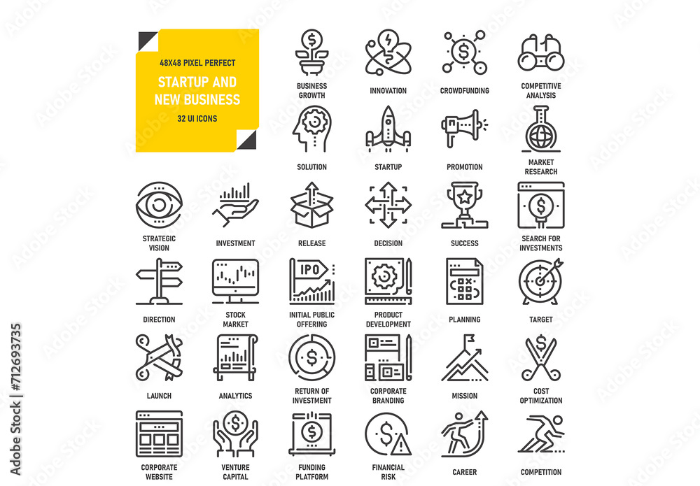 Vector set of startup and new business flat line web icons. Each icon ...