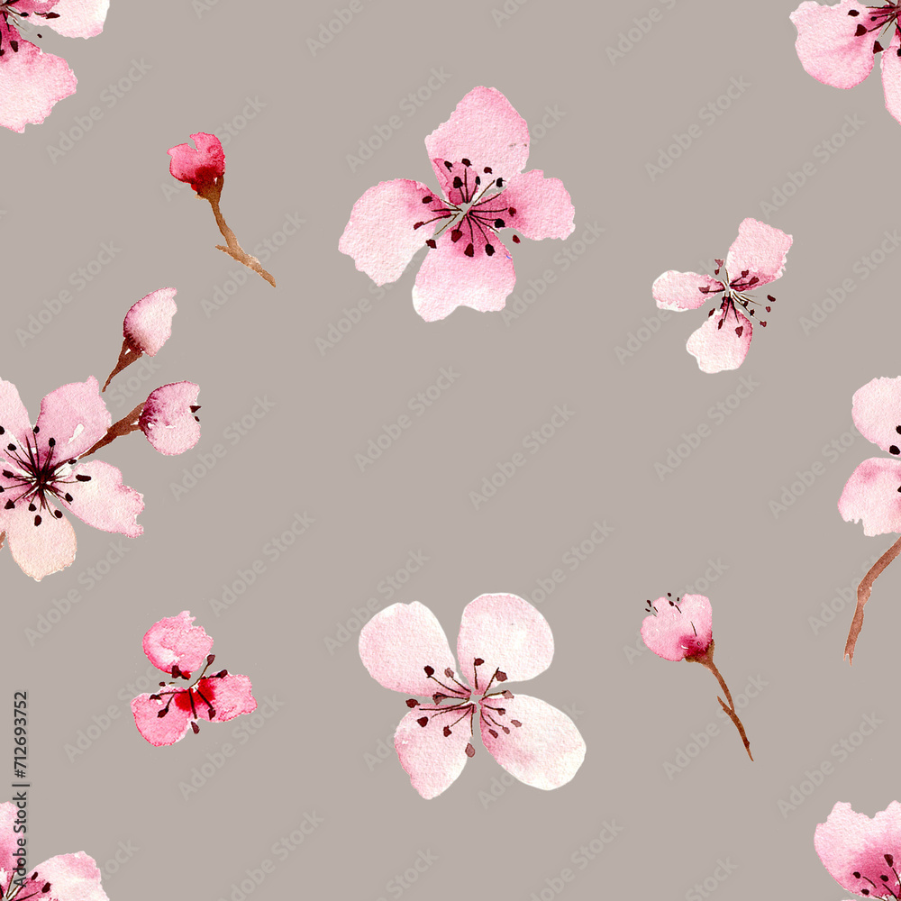Watercolor floral seamless pattern. Cherry blossom, flowers hand drawing background. Spring sakura flowers