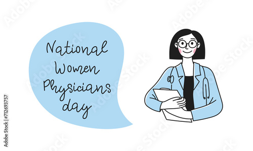 Banner National Women Physicians Day. Doctor. Diversity women in different poses. Vector linear doodle illustration photo