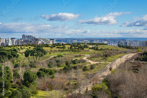 Obraz na płótnie Landscape of Public Felipe VI Park or Valdebebas Forest Park - Madrid’s biggest urban park (340 hectares). Madrid, Spain. w salonie