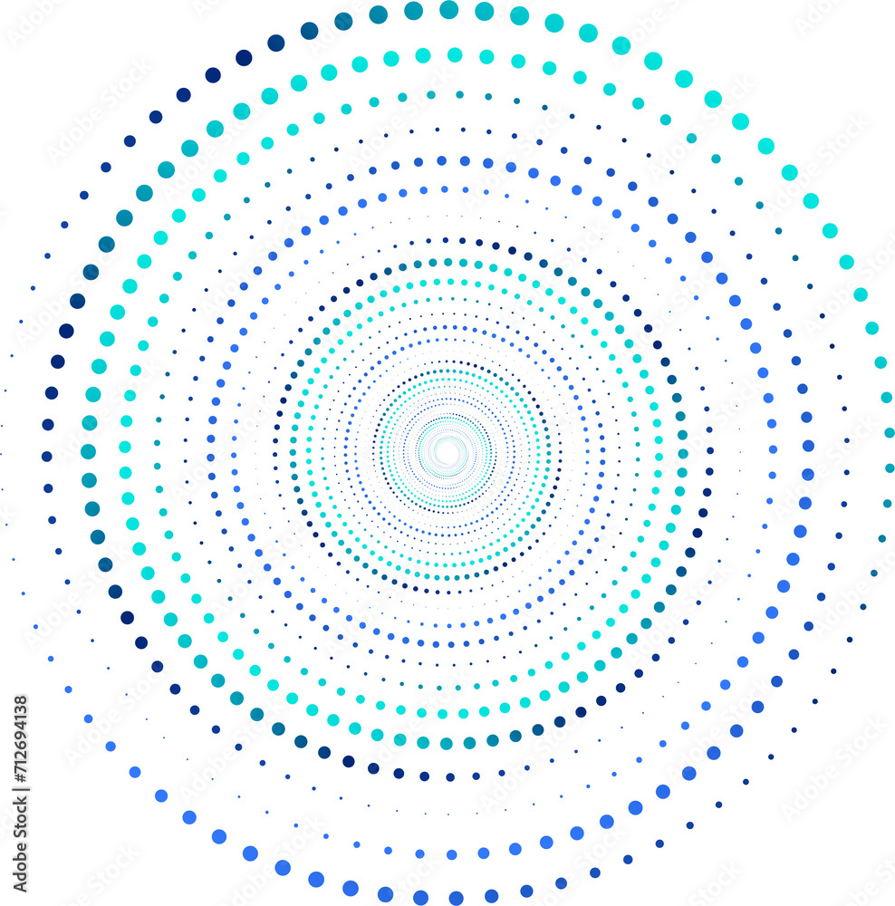 Round Abstract shape. Design element: a series of dots from small to large twisted in a spiral for presentations, web design on a technological theme. Gradient coloring. Transparent background.