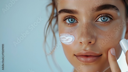 Hydration. Cream smear. Beuaty close up portrait of young woman with a healthy glowing skin is applying a skincare product.     photo