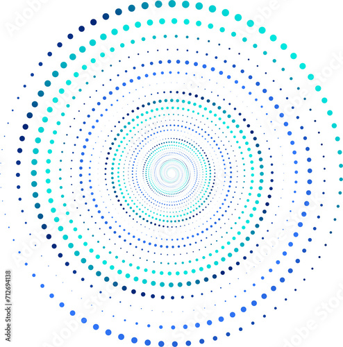 Round Abstract shape. Design element: a series of dots from small to large twisted in a spiral for presentations, web design on a technological theme. Gradient coloring. Transparent background.