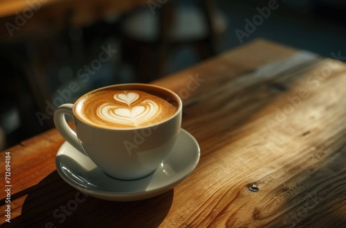 heart latte on wood background