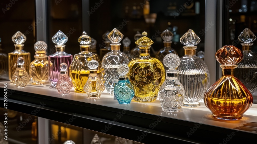 Luxury perfume collection in transparent bottles with shiny decoration    