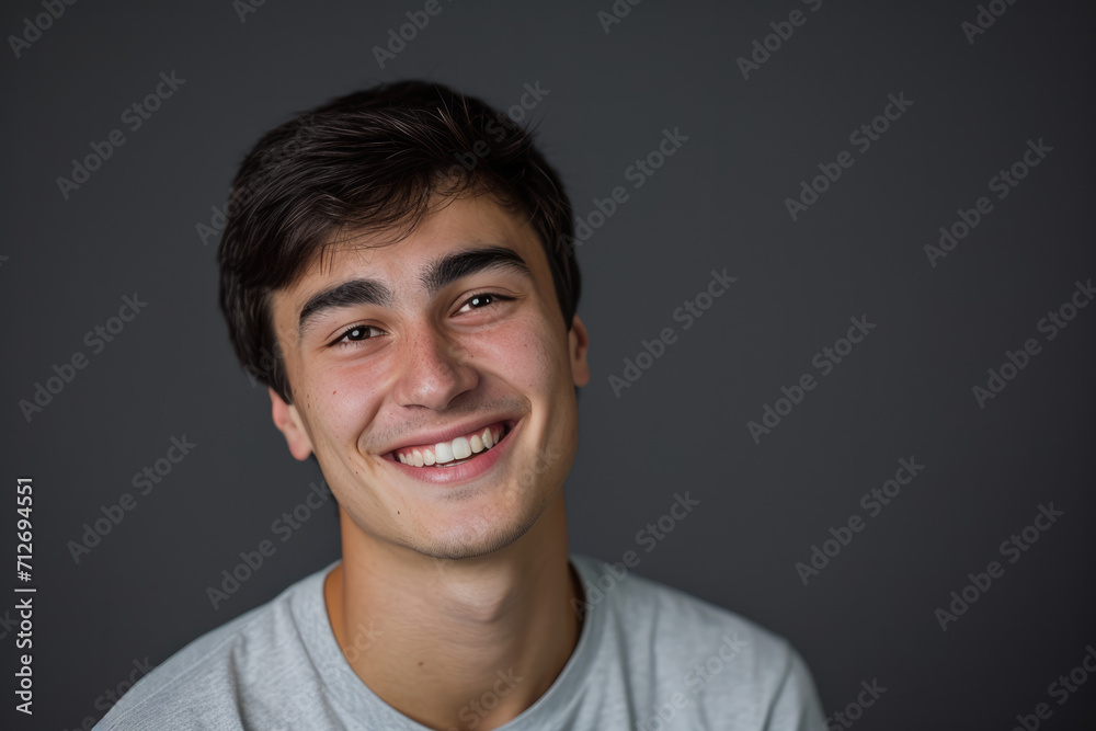 Obraz premium A young man in a grey shirt smiles for the camera