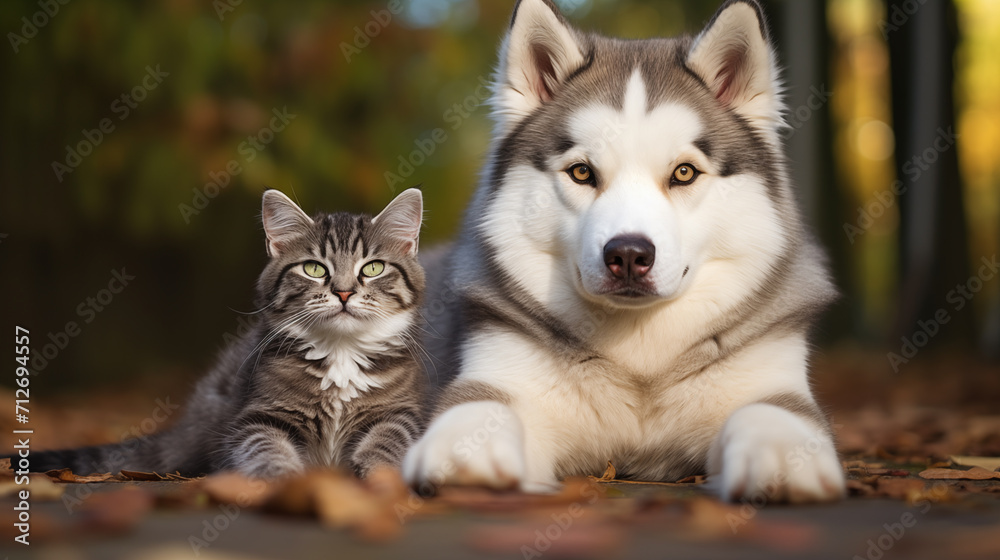 Malamute dog and little kitten on the street Malamute dog and little kitten on the street