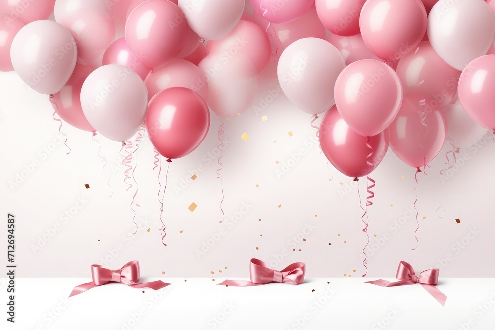 Pink 3d balloons with anniversary and birthday festive decoration on white Background