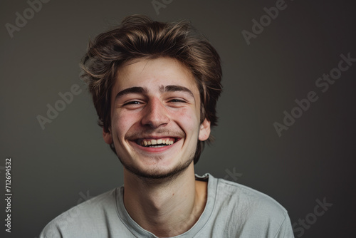 A young man with a beard is smiling for the camera