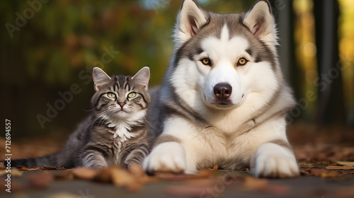 Malamute dog and little kitten on the street