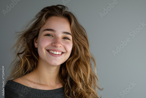 A woman with long hair is smiling for the camera