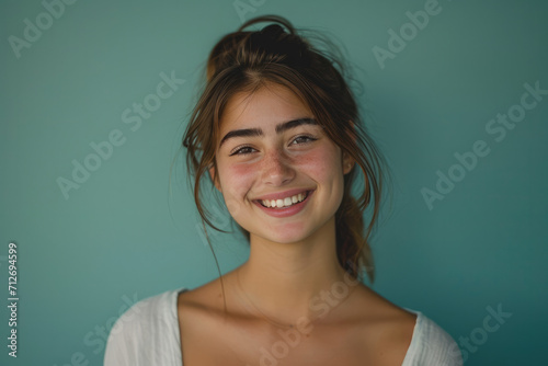 A woman with a bun on her hair smiles for the camera