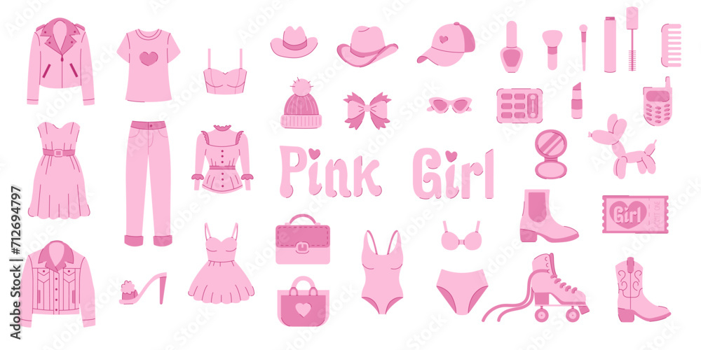 Pink Girl set. Bright spring and summer fashionable looks for girls and princesses. Clothes, cosmetics, handbag, shoes and accessories. Glamorous elements in modern flat style. Vector illustration. Pink Girl set. Bright spring and summer fashionable looks for girls and princesses. Clothes, cosmetics, handbag, shoes and accessories. Glamorous elements in modern flat style. Vector illustration.