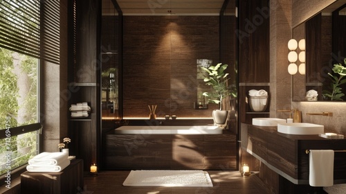A bathroom with a tub  sink  and large window  dark wooden bathroom decor.