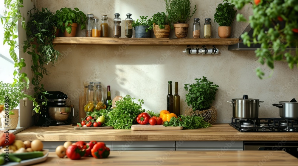 Natural wooden kitchen worktop with plants, fruits and vegetables, kitchen interior.    
