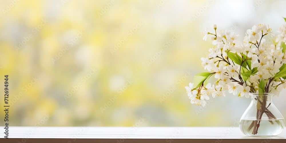 Spring window with blurred background and free space on table.