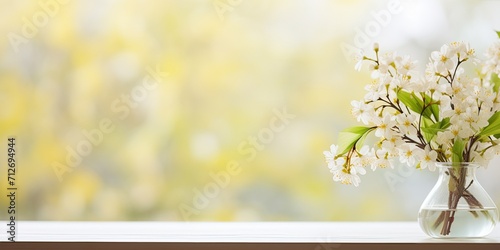 Spring window with blurred background and free space on table.
